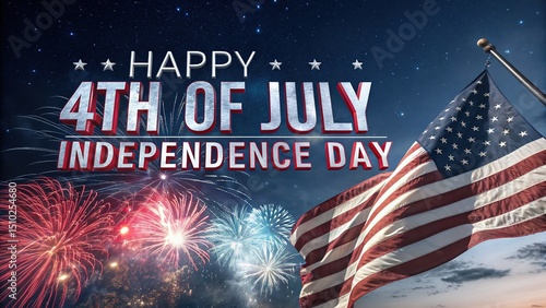  Happy 4th of July Independence Day with fireworks and American flag, patriotic celebration, USA holiday
