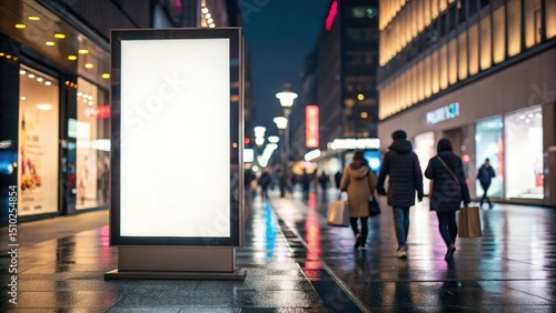 Blank billboard on urban night street with shoppers and storefront lights
