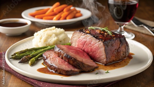 Steak dinner with mashed potatoes, asparagus, carrots, and red wine on a plate
