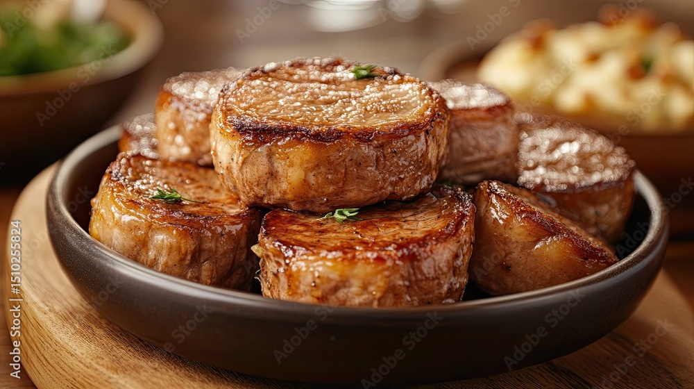 Juicy Roast Beef Slices with Yorkshire Pudding Representing Gourmet Cuisine British Food and Traditional Meals for Restaurant Menus Cooking and Food Service Advertising Juicy Roast Beef Slices with Yorkshire Pudding Representing Gourmet Cuisine British Food and Traditional Meals for Restaurant Menus Cooking and Food Service Advertising