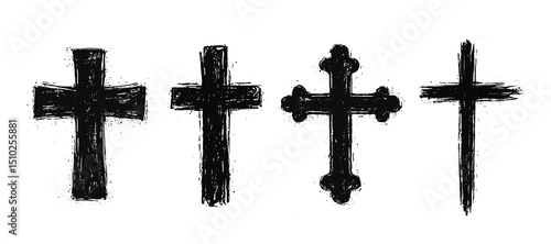 Christian cross grunge hand drawn black paint symbol. Brush cross crucifix catholic Jesus church logo illustration.
