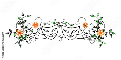 Floral decorative border with Greek theater masks and vines  