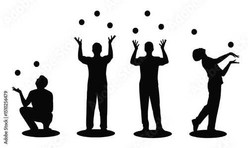 Silhouette of jugglers performing with hands up and multiple balls flying. 