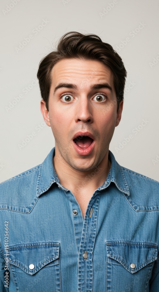 Obraz premium Astonished Man Portrait: Close-up of a Young Man with a Shocked Expression in a Denim Shirt