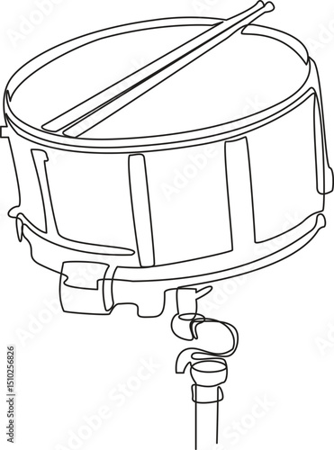 One Line Drum Set with Drumsticks – Minimalist Vector Art, Continuous Line Drawing of a Drum Kit with Sticks, Modern Musical Instrument Illustration for Design Projects.