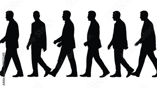 Silhouette of walking business people moving in a single direction together. 