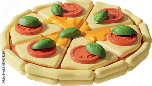 Delicious cartoon pizza topped with tomatoes, cheese, and fresh basil leaves