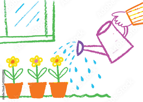 Baby birthday invitation card design with gardening tools and spring flowers in a pink floral frame border