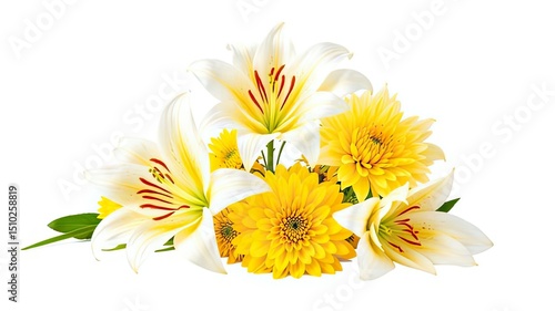 Elegant White and Yellow Lilies with Dahlias, Isolated Floral Arrangement