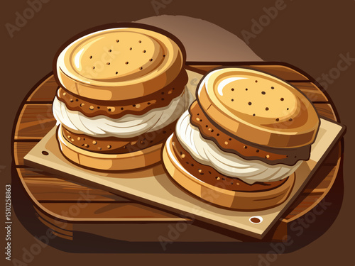 vector of Crunchy sandwich biscuits with sweet and sticky creamy filling on wooden surface in dark brown containers, delicious snack.