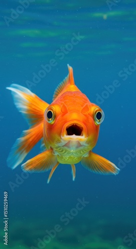 Astonishing Close-up of a Goldfish Underwater, Vibrant Orange Fins and Open Mouth