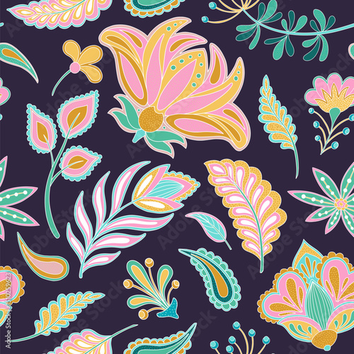 Jacobean Flowers Paisley Seamless Pattern, Contemporary Turquoise Blue Pink Vector Neon Botanical Decorative Folk Plants. Fantasy Florals Ethnic Ornaments Indian or Iranian Textile, Arabic