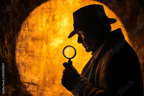 Silhouette of a detective with a magnifying glass and pipe