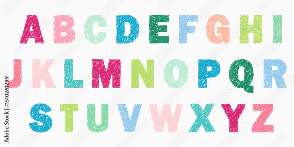 Color pencil children english font with whimsical ABC. Scribbled handwriting style, bright crayon texture, fun doodle letters for early learning and kids art. Color pencil children english font with whimsical ABC. Scribbled handwriting style, bright crayon texture, fun doodle letters for early learning and kids art.