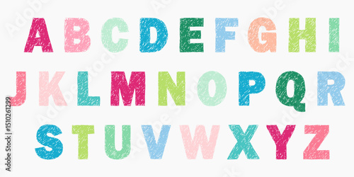 Color pencil children english font with whimsical ABC. Scribbled handwriting style, bright crayon texture, fun doodle letters for early learning and kids art.