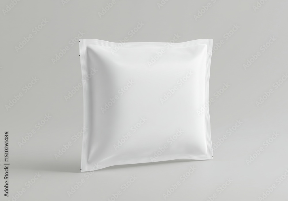 Minimalist white square packaging pouch on gray background for branding and design Minimalist white square packaging pouch on gray background for branding and design