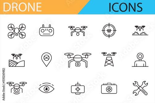 Icon Set Featuring Drones, Remote Controllers, and Aerial Flight