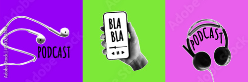 Vector neon covers for a podcast show. Perfect for streaming platforms, blog banners and episode thumbnails. Halftone collage, headphones cut out of a magazine and mouth with speech bubble.