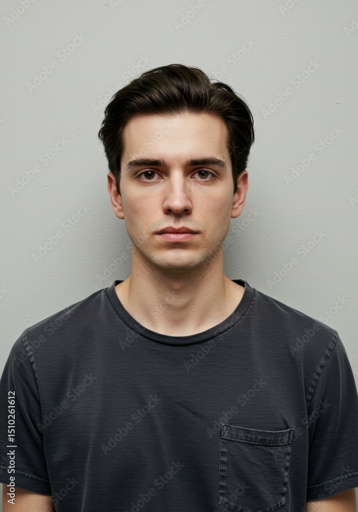 Fototapeta premium Pensive young man in casual gray shirt against neutral wall background