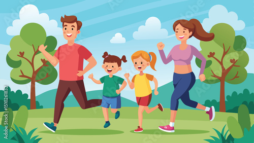 Happy Family Jogging Together in a Park on Sunny Day Cartoon Illustration