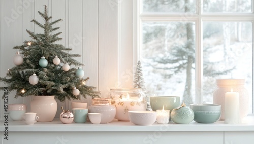 Cozy Christmas Window Display Featuring Pastel Decorations and a Small Tree