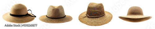 Straw hats collection isolated on white background, cut out, transparent PNG