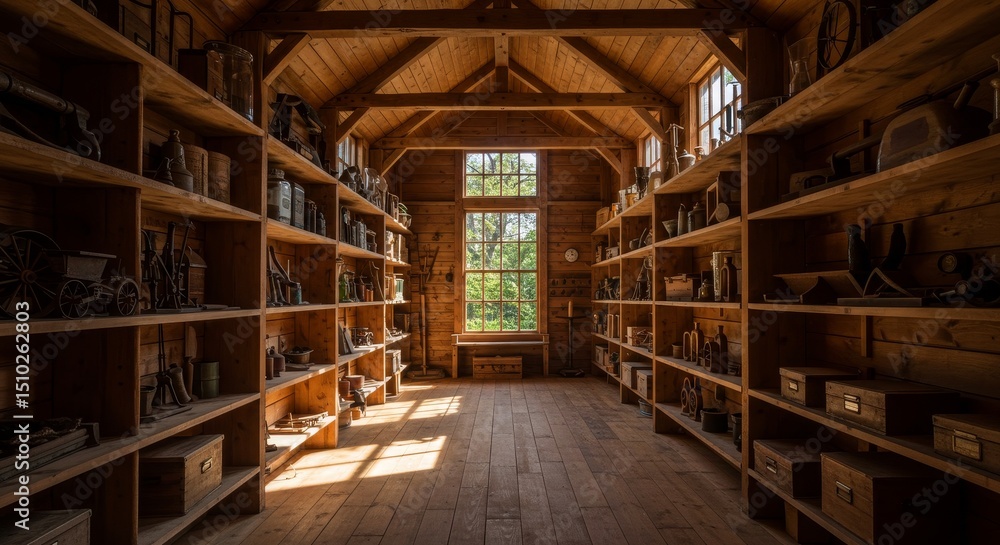 Fototapeta premium Rustic Wooden Storage Shed Filled with Antiques - Sunlit rustic wooden shed brimming with antique tools, containers, and other vintage items. Wooden shelves line the walls
