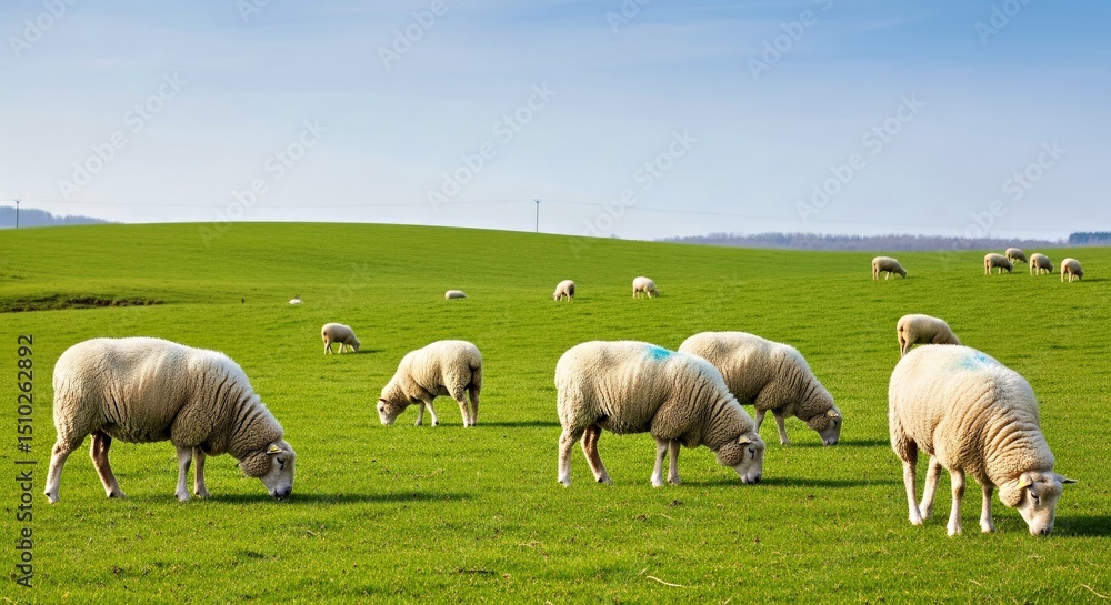 Fototapeta premium A flock of woolly white sheep grazing together on a rolling green hill under a clear blue sky