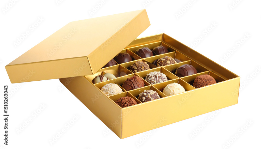 Exquisite assortment of gourmet chocolate truffles beautifully presented in a golden gift box isolated on solid white background Png format Exquisite assortment of gourmet chocolate truffles beautifully presented in a golden gift box isolated on solid white background Png format