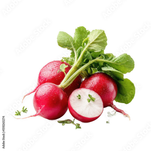Red Radishes with Green Tops on White Background