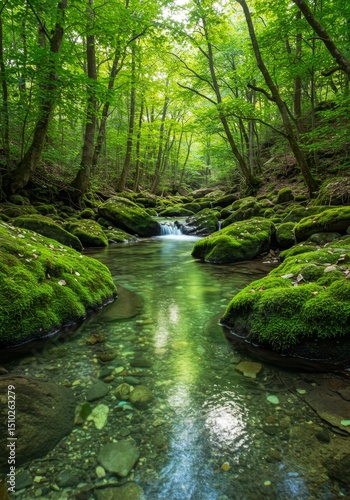 Serene Stream With Mossy Rocks - Tranquil forest stream flowing over mossy rocks, symbolizing peace, nature, purity, serenity, and renewal