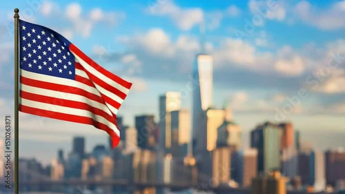 American flag waving with NYC skyline in backdrop.