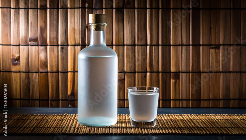 A front shot of a bottle of soju and a glass of soju against the background of the tree.