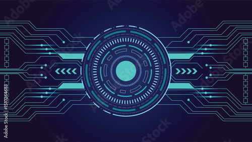 Abstract futuristic technology background featuring a glowing circular HUD interface and horizontal circuit lines. Ideal for digital communication, cybersecurity, and innovation.