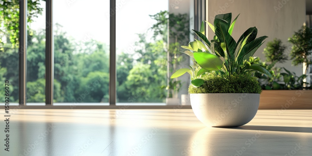 Fototapeta premium Serene Indoor Oasis: A lush, vibrant plant basks in the natural light streaming through a window, creating a sense of tranquility and connecting the interior with the beauty of the outdoors.