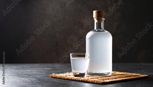 A front shot of a soju bottle and a soju glass against a tough dark background.