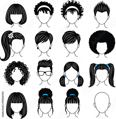 Collection of diverse hairstyles illustrations vector black and white hair style options for design