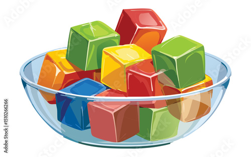 Colorful Jelly Cubes on Bowl - Vector Illustration