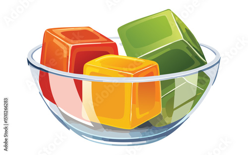 Fruity Jelly Cubes in Bowl - Vector Illustration