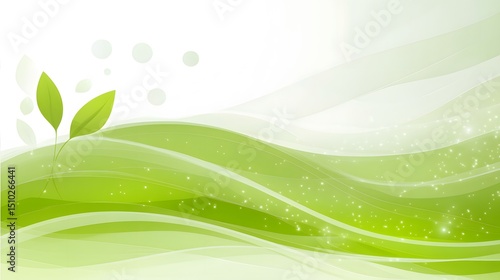 Abstract Green Nature Background with Wavy Lines and Leaves