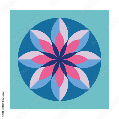Geometric flower design featuring pink and blue petals on a teal background