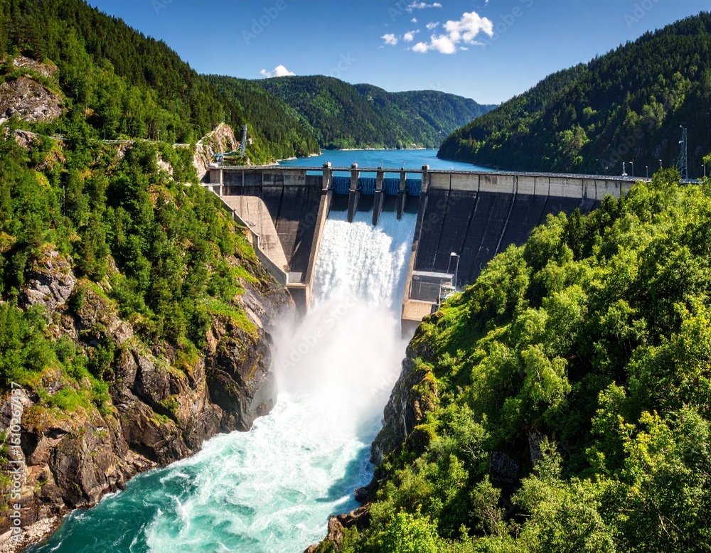 Large concrete hydroelectric dam releases powerful water for clean energy Large concrete hydroelectric dam releases powerful water for clean energy