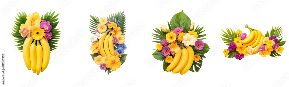 Fototapeta premium Collection of various bananas creatively integrated into a tropical flower arrangement isolated on white transparent background PNG set