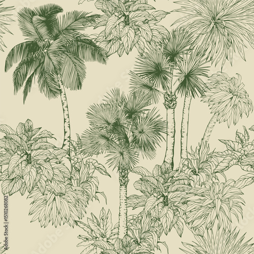 Seamless pattern with palm trees and tropical plants. Toile de Jouy style. Hand drawn vector illustration.