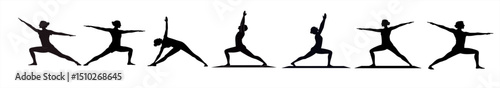 Silhouette illustration of people performing various yoga poses, representing balance, strength, and physical well-being practice