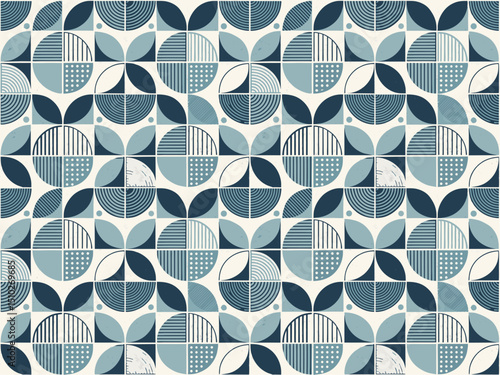 Seamless pattern design with blue geometric shapes, flowers, and dots, a colorful retro textile vector illustration