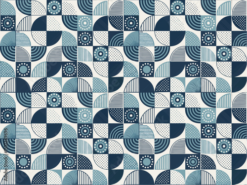 Seamless pattern design with blue geometric shapes, flowers, and dots, a colorful retro textile vector illustration