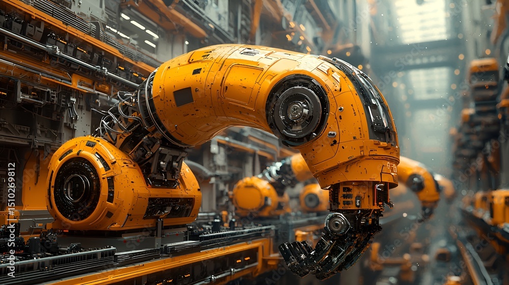 Futuristic Orange Robot Arms in a Manufacturing Facility Futuristic Orange Robot Arms in a Manufacturing Facility