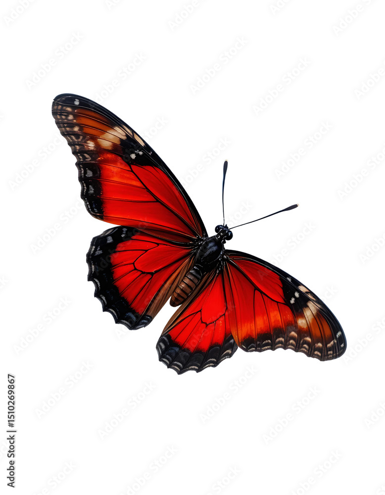Obraz premium Scarlet Mormon butterfly mid-flight, deep red and black wings, clear background.
