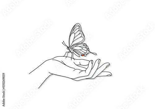 Butterfly on hand drawing. Image shows a butterfly on hand, a delicate sketch of the winged insect resting gently on a human hand, symbolizing fragility and connection. Vector sketch line art draw.